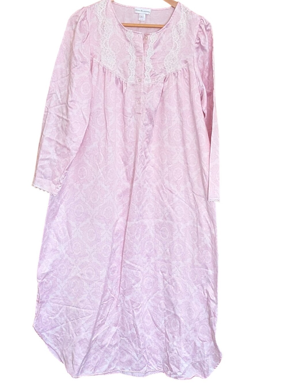 Miss Elaine Pale Pink Lace-Yoke Long Nightgown M Brush Back Satin Sleepwear Cozy